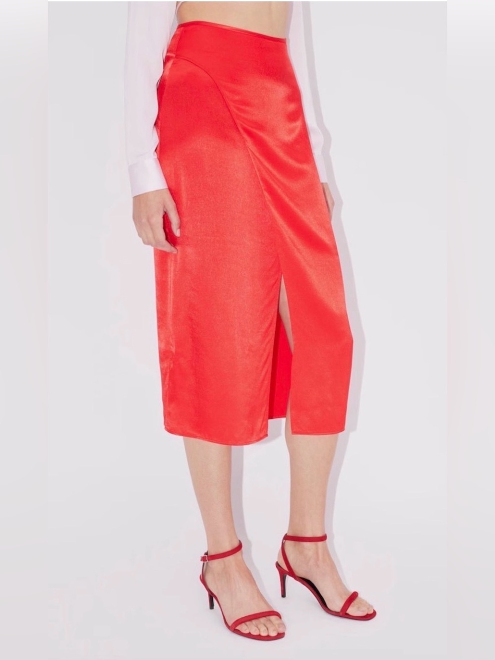 NWT Leger by Lena Gercke Alena Satin Viscose Faux Wrap Red Midi Skirt Size 8
